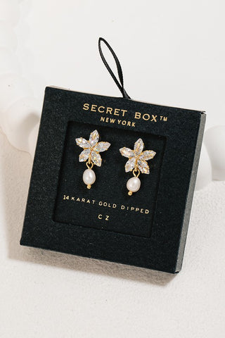 14K Gold Dipped Rhinestone Flower & Pearl Earrings