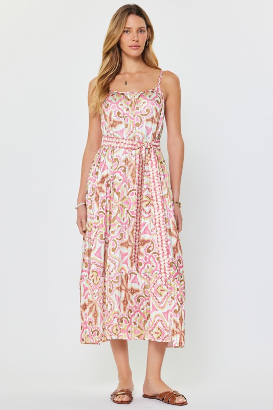 pink belted midi dress Medallion Print Belted Midi Dress