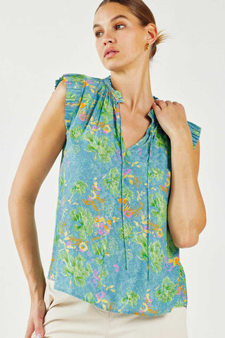 Watercolor Floral Pleated Cap Sleeve Top
