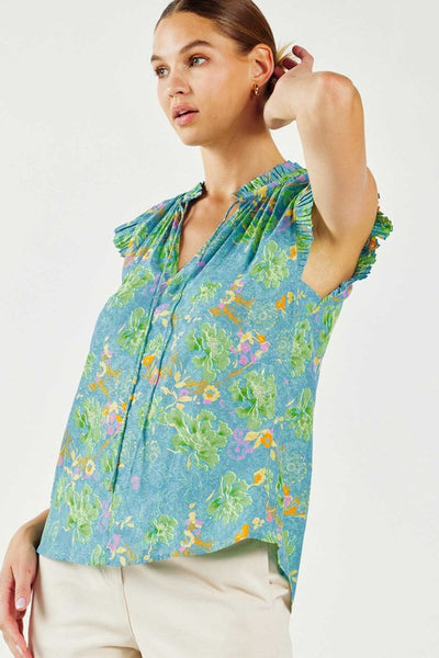 Watercolor Floral Pleated Cap Sleeve Top