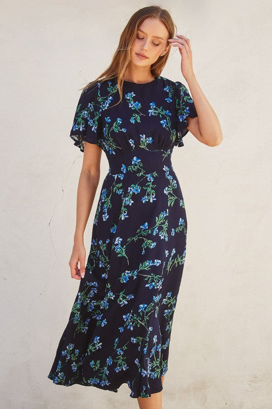 blue dress for baby girl Floral Print Tiered Frilled Trim Flutter Sleeve Dress – Flatland Collective main image 0
