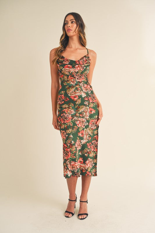 Cowl Neck Floral Midi Dress