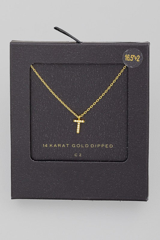 T 14K Gold Dipped Rhinestone Initial Necklace