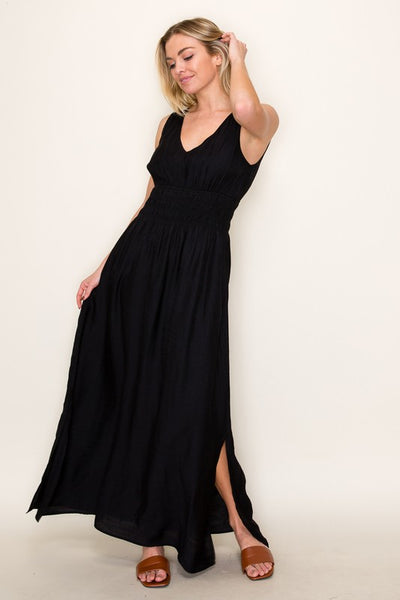 Double V Smocked Waist Maxi Dress