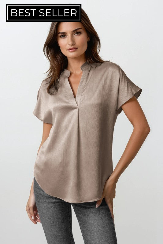 Crinkle Satin V-Neck Top - 2 Colors