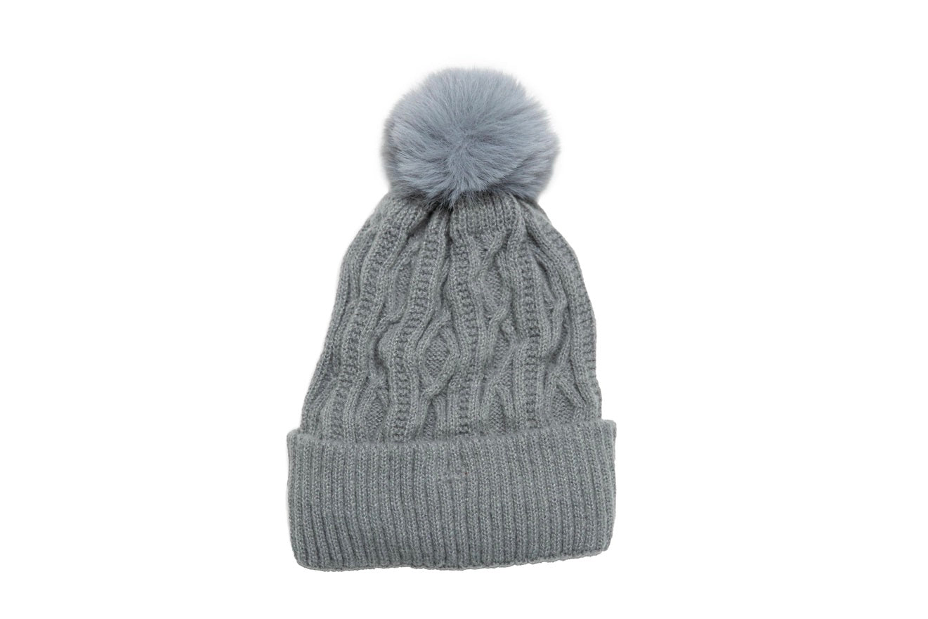 Fleece Lined Cable Knit Pom Hat