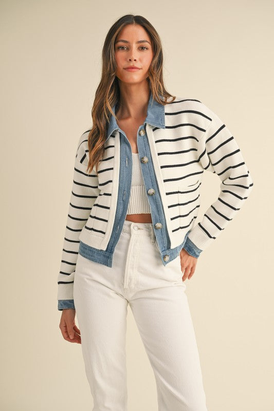 Layered Look Denim Striped Cardigan