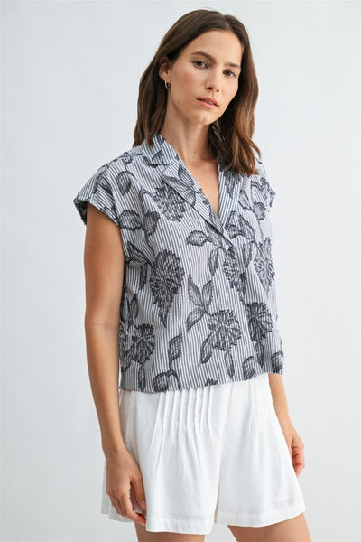 Floral Jacquard Striped Collared Top