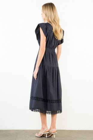 Crochet Trim Ruffle Midi Dress