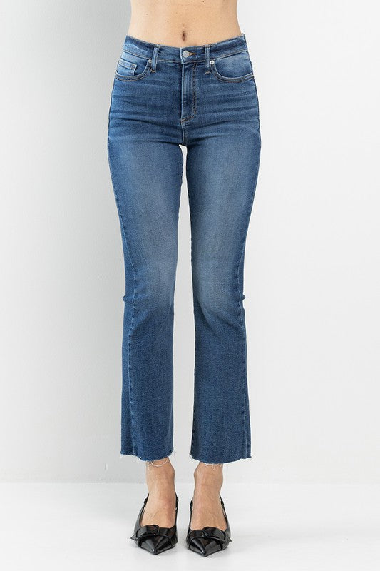 High Rise Raw Hem Cropped Flare Jeans