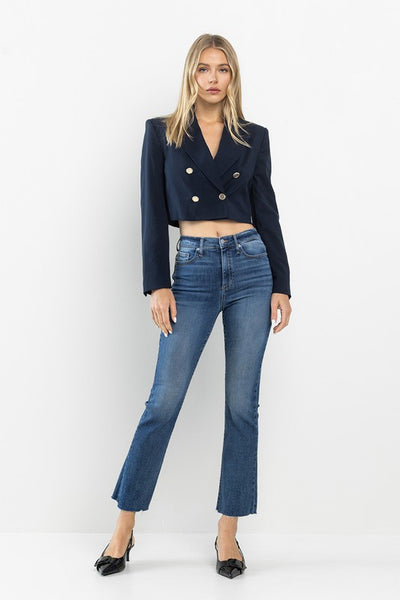 High Rise Raw Hem Cropped Flare Jeans