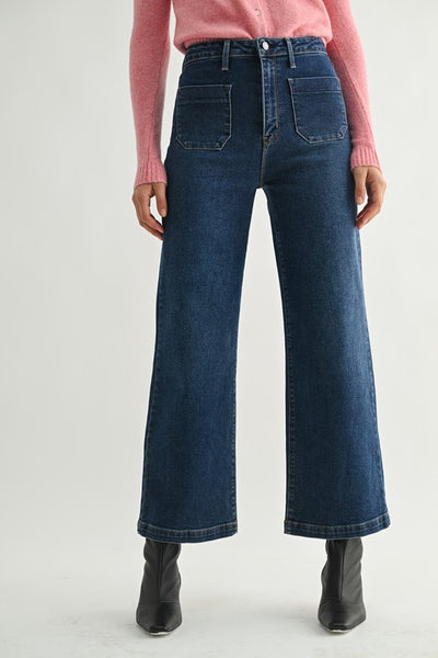 Patch Pocket Wide Leg Jeans - Dark Wash