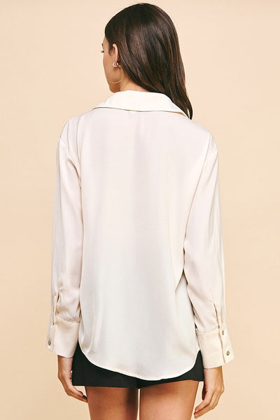 V-Neck Satin Button Up Shirt - 2 Colors