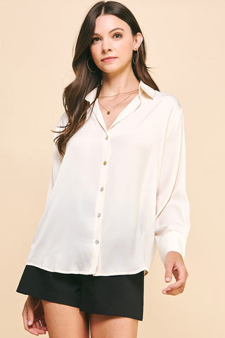 V-Neck Satin Button Up Shirt - 2 Colors