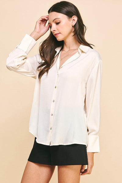 V-Neck Satin Button Up Shirt - 2 Colors
