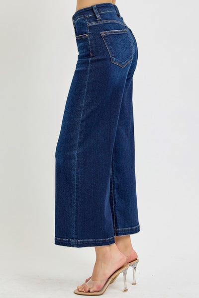 High Rise Cropped Wide Leg Jeans - Dark Wash