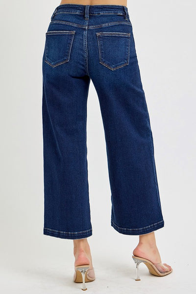 High Rise Cropped Wide Leg Jeans - Dark Wash