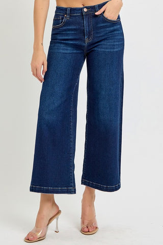 High Rise Cropped Wide Leg Jeans - Dark Wash