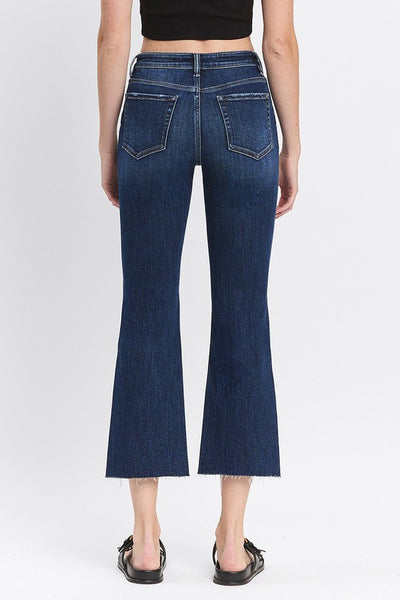 Raw Hem Cropped Kick Flare Jeans - Dark Wash