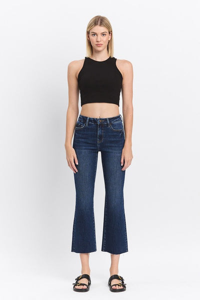 Raw Hem Cropped Kick Flare Jeans - Dark Wash