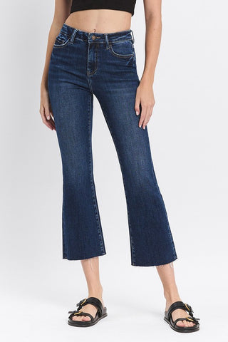 Raw Hem Cropped Kick Flare Jeans - Dark Wash