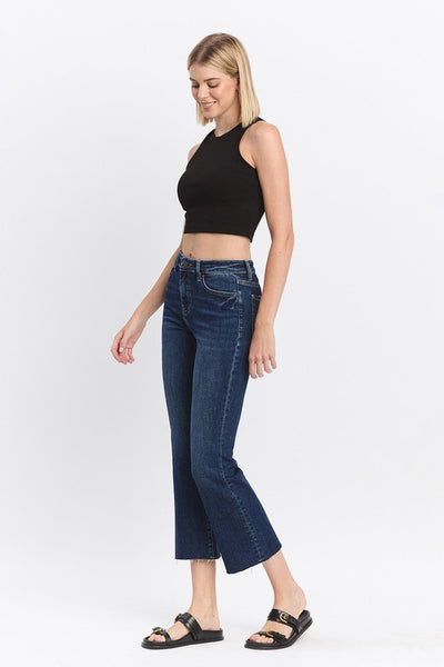 Raw Hem Cropped Kick Flare Jeans - Dark Wash
