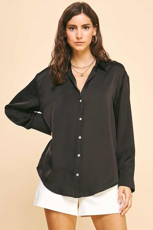 V-Neck Satin Button Up Shirt - 2 Colors