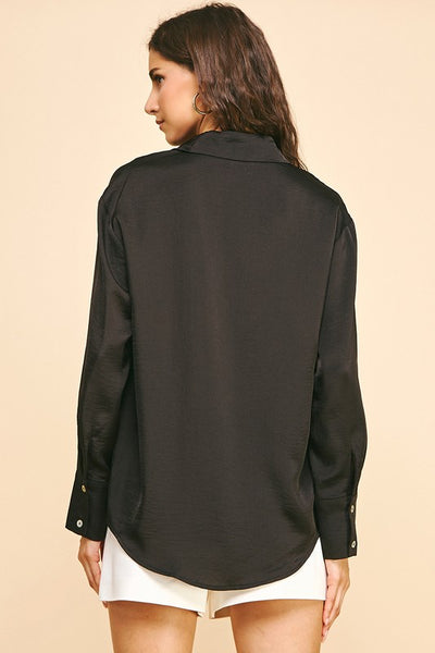V-Neck Satin Button Up Shirt - 2 Colors