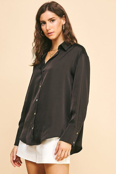 V-Neck Satin Button Up Shirt - 2 Colors