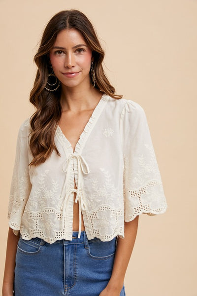 Embroidered Tie Front Flutter Sleeve Top