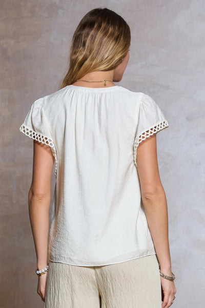 Embroidered Sleeve V-Neck Top