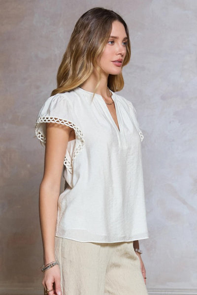 Embroidered Sleeve V-Neck Top