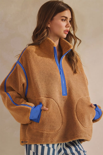 Contrast Zip Pullover Fleece Jacket