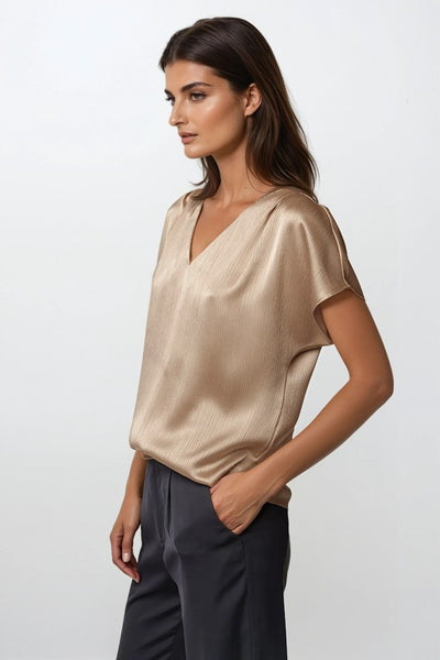 Crinkle Satin Pleated Sleeve Top