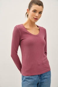 Washed Scoop Neck Ribbed Long Sleeve Tee - 2 Colors