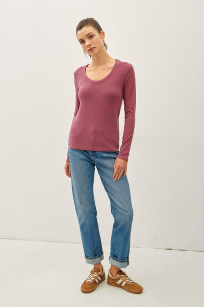 Washed Scoop Neck Ribbed Long Sleeve Tee - 2 Colors