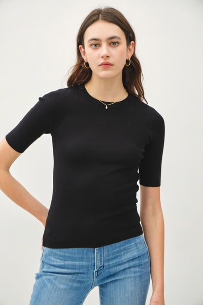 Classic Ribbed Half Sleeve Knit Top - 2 Colors