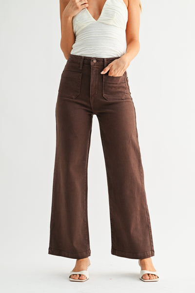 Patch Pocket Wide Leg Jeans - Brown