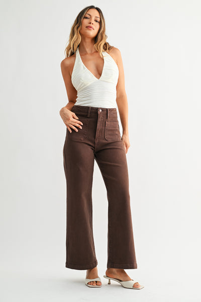 Patch Pocket Wide Leg Jeans - Brown