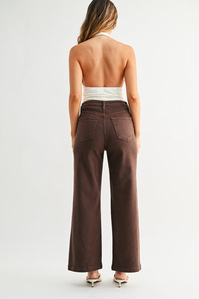 Patch Pocket Wide Leg Jeans - Brown