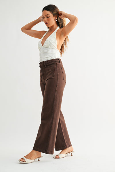 Patch Pocket Wide Leg Jeans - Brown