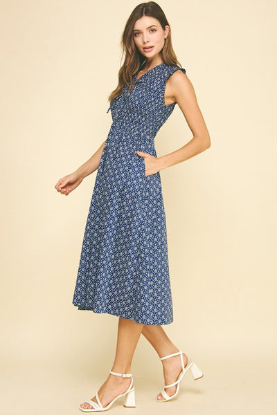 Floral Dot Smocked Midi Dress