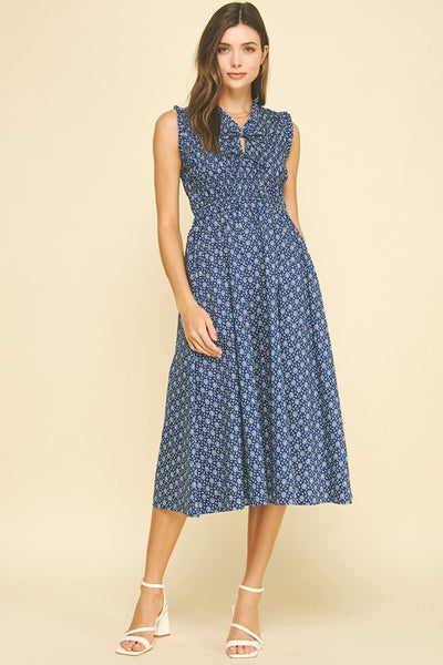 Floral Dot Smocked Midi Dress