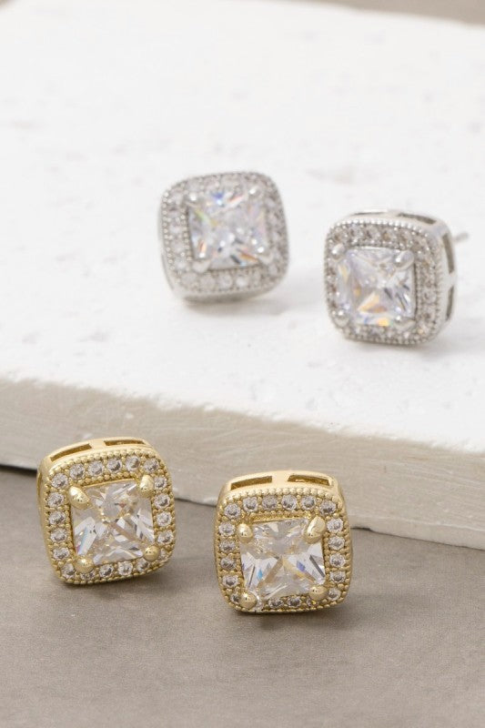 Gold Dipped Halo Square Stud Earrings