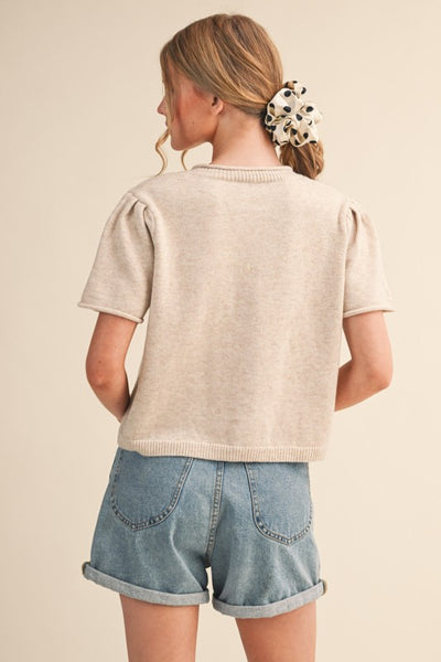 Shirred Sleeve Button Knit Top