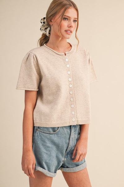 Shirred Sleeve Button Knit Top