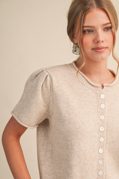Shirred Sleeve Button Knit Top