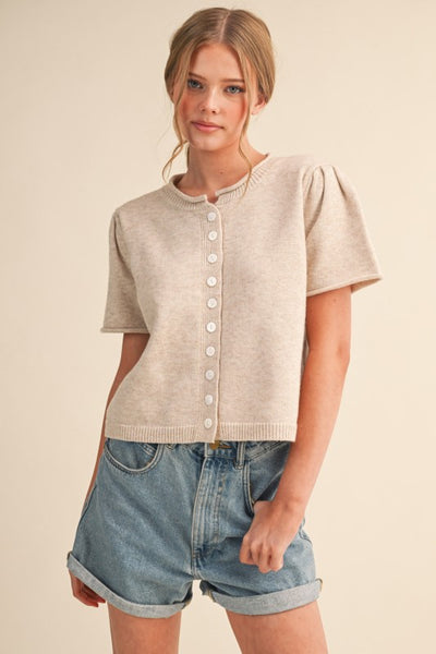 Shirred Sleeve Button Knit Top