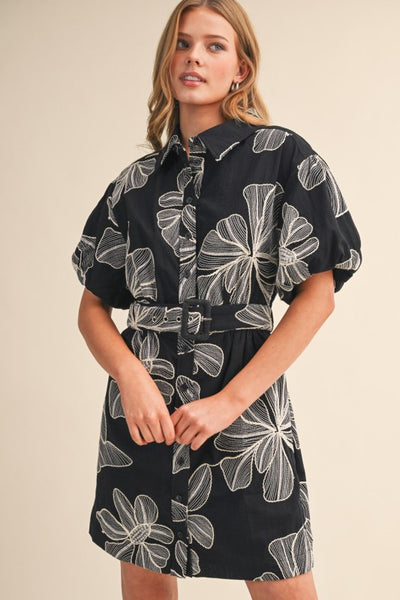 Embroidered Hibiscus Belted Mini Dress