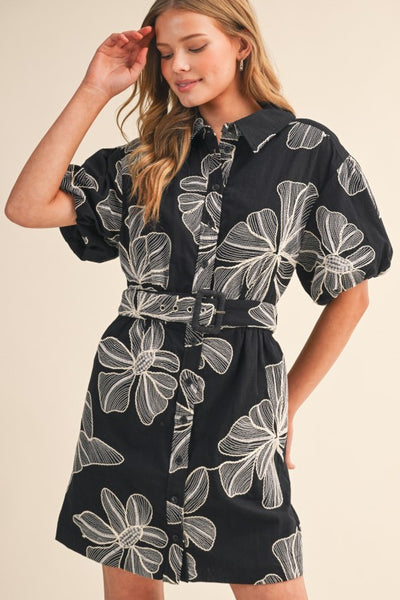 Embroidered Hibiscus Belted Mini Dress